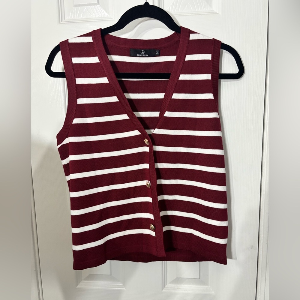 Burgundy and White Striped Knit Sleeveless Cardigan